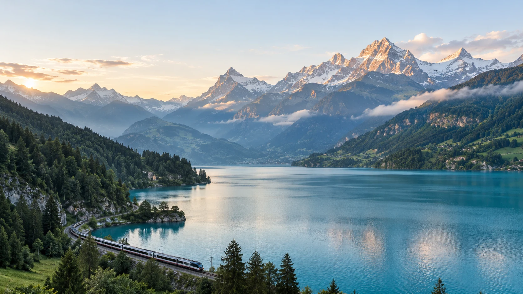 晨光下的高山湖泊与沿湖行驶的列车,旅行意境图